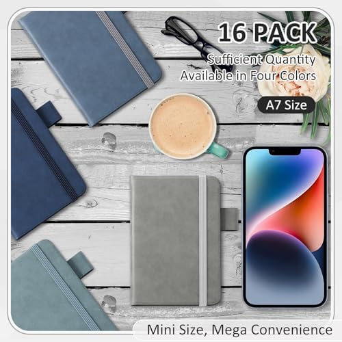 Ceenna 16 Packs Pocket Small Notebook Journals with Pen Holder Mini Notebook Bulk 192 Pages/96 Sheets Hardcover with Thick Lined Paper 3" x 4.4" A7 Small Notepad Neutral Color for Office Journey