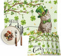 Funny Cat Green Shamrock Clover Placemats Set of 6, St. Patrick's Day Top Hat Cotton Linen Table Mats Non-Slip St. Patrick's Day Green Lucky Cat Magic Hat Placemat for Dining Kitchen Table Decor