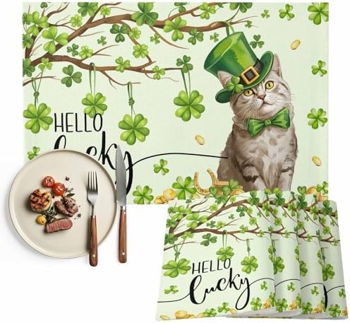 Funny Cat Green Shamrock Clover Placemats Set of 6, St. Patrick's Day Top Hat Cotton Linen Table Mats Non-Slip St. Patrick's Day Green Lucky Cat Magic Hat Placemat for Dining Kitchen Table Decor