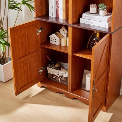 KEIKI Farmhouse Freestanding Bookcase, Modular Storage Cabinet, Dark Oak