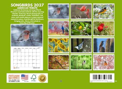 JJ Audubon Tribute Songbirds Calendar 2027 Monthly | American Made In The USA