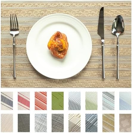 Placemats Set of 8 Vinyl/Plastic Woven Place Mats for Kitchen Table Indoor/Outdoor Washable Placemat Wipeable Dining Table Mats (Aurora Gold,8)