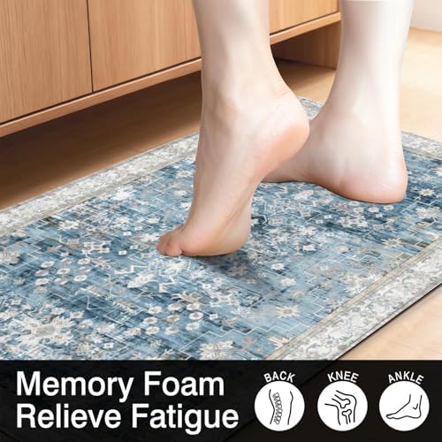 Boho Cushioned Anti Fatigue Mats for Kitchen Floor,Modern Farmhouse Blue Floral Non-Slip Water Resistant Runner Comfort Foam Standing Rugs Non Skid for Home Sink,Office,Laundry 17"x47"+17"x30"