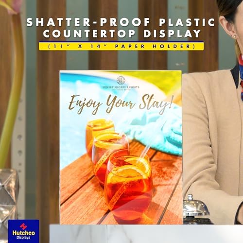 Paper Sign Holder (11 x 14 Inches) Plastic Countertop Display w/Shatterproof (No Acrylic) Clear Design & Cardboard Easel Back Tabletop Slant Support for Stackable Lightweight Portable by Hutchco