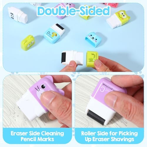 Kifmurase 48Pcs Pencil Erasers, Cute Animal Themed Pencil Eraser, Eraser with Clean Up Roller, Fun Erasers for School Party Christmas Favors