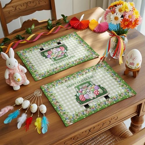 Happy Easter Spring Holidays Vintage Farm Trucks Colorful Eggs Placemats Set of 4,Green Gingham Plaid Patterns Cotton Line Fabric Heat Resistant Washable Mats Decoration for Home Kitchen Dining Party