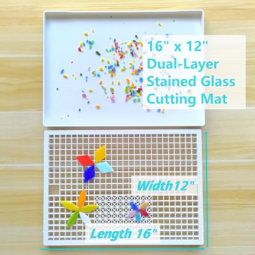 Stained Glass Cutting Mat with Tray, Grid Cutting Mat for Mosaic and Stained Glass Pieces Scoring and Snapping (White, 2-Layer, Size 16" x 12")