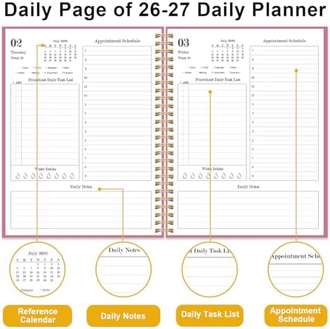 Daily Planner 2026-2027 - July 2026 to June 2027, 7" x 10", Pink