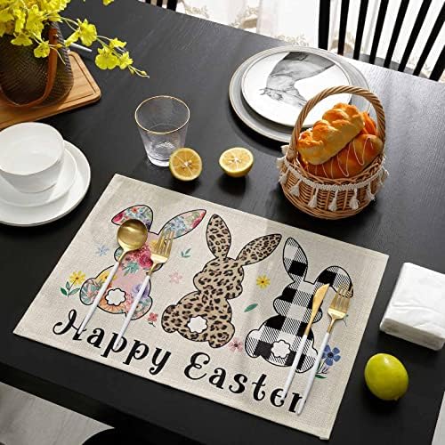 Artwork Store Happy Easter Placemats Set of 4,Cotton Linen Heat Resistant Table Mats Washable Cute Easter Bunny Florals Flowers Rabbit Placemat for Holiday Banquet Party Dining Kitchen Table Decor