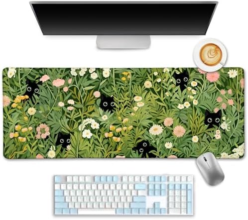 LIMKRIAN Anime Cat Mouse Pad, Green Desk Matt for Desktop, 31.5x11.8 in
