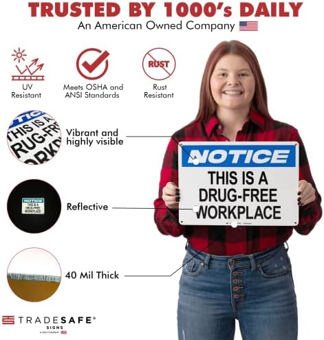 TRADESAFE This is a Drug Free Workplace Sign - Business Sign, Office Sign, Quick Install Aluminum Safety Sign, Light Reflective, UV-Resistant, Waterproof Signs for Business, 14” X 10” No Drugs Sign