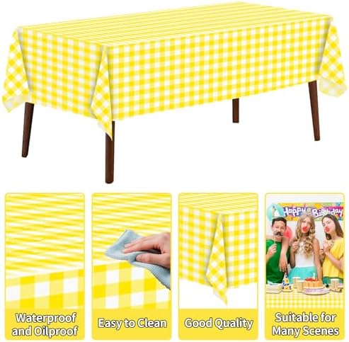 CXPSINC 54 Inch X 100 Feet Plastic Table Cover Roll Disposable Tablecloth with Slide Cutter for All Type/Shape Tables | Party, Banquet, Birthdays, Weddings(Yellow Checkered, 100 Feet)