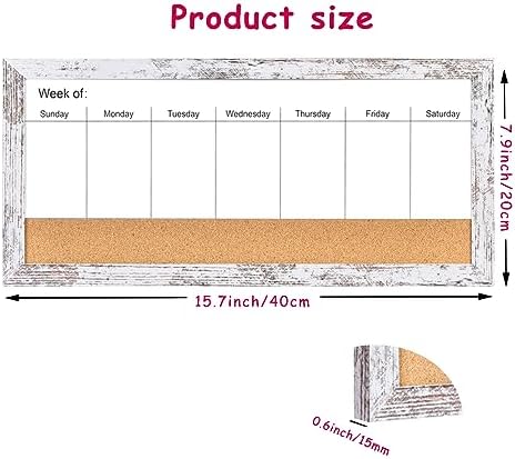Magnetic Weekly Whiteboard and Cork Board, White Wood Frame, 16" x 8"