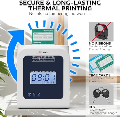OFFNOVA Thermal Time Clock for Employees Small Business, No Ink Ribbons or Network Needed, in/Out Time Attendance Machine with 50 Time Cards, White