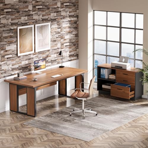 Tribesigns 63‘’ L-Shaped Executive Desk, Office Table with 47-Inch Drawers Cabinet, Large Computer Desk with Storage Shelves, Business Furniture Set for Home Office, Brown