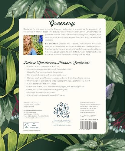 High Note 2027 Planner, 17-Month Weekly & Monthly Hardcover Planner: August 2026 to December 2027, 9" x 10", Greenery with Notes, Lists & Reference Pages + Sticker Sheet
