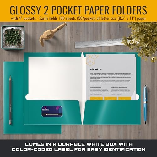 2 Pocket Glossy Laminated Paper FOLDERS Portfolio Letter Size, Teal, 25PK
