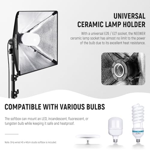 NEEWER 16x16in/40x40cm Softbox with E26 Porcelain Socket/Power Cord/White Diffuser/Stand Adapter, Durable Nylon Softbox Lighting Modifier for Studio Photography Lighting, SF4040 (US Plug)