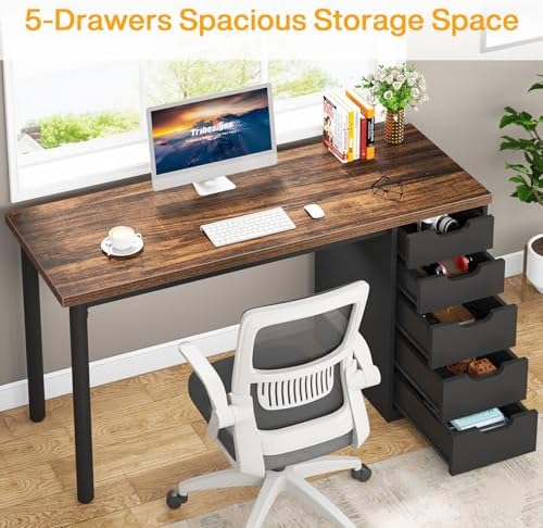 Tribesigns Computer Desk with 5 Drawers, 47 inches Rustic Brown Home Office Desk with Storage, Modern Simple Laptop Desk Study Writing Table for Small Spaces (1, Brown+Black)
