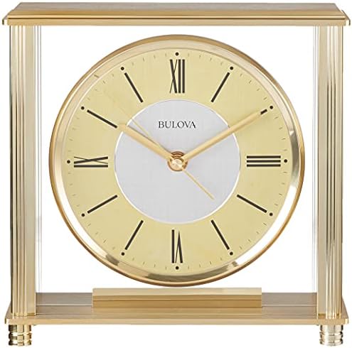 Bulova B1700 Grand Prix Table Clock | Brass MetalFinish | Glass Enclosure with Two-Tone Metal Dial | Quiet Sweep | Elegant Desktop Timepiece for Offices & Collectors