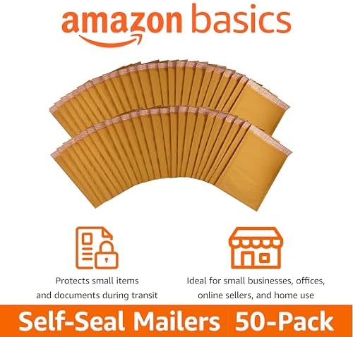 Amazon Basics Kraft Bubble Self-Seal Padded Envelopes for Shipping, 4" x 8" (Internal Size - 3.75" x 7"), Brown, 50-Pack