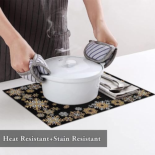 Gold White Snowflakes Chriatmas Placemats Set of 6, Winter Xmas Holiday Heat Resistant Washable Table Place Mats Black Cotton Table Linens Party Holiday Decor for Kitchen Dining Outdoor Indoor