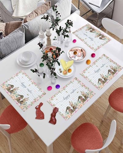 Rabbits Flowers Easter Placemats Set of 6, Eucalyptus Leaf Spring Heat Resistant Washable Dining Table Mats Grey White Buffalo Plaid Farmhouse Holiday Decor for Kitchen&Table Linens Outdoor Indoor