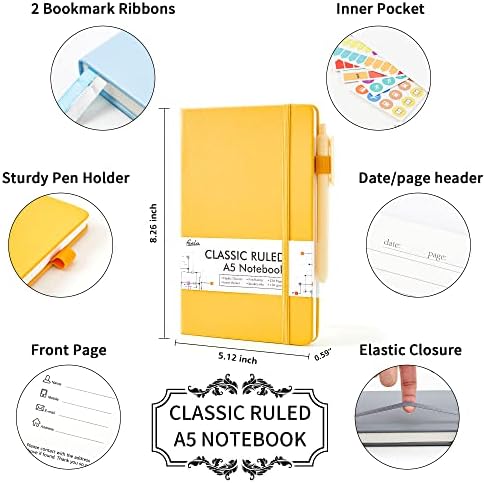 feela Hardcover Notebook For Work, Classic Ruled Lined Journal Set School Business Supplies, with 3 Black Pens, 120 GSM, 5.1”x8.3”, 3 Pack, A5, Solid Colors, Gray, Yellow, Light Blue