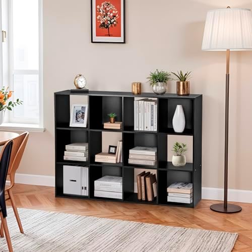 12 Cube Storage Organizer, Storage Shelf Organizer Bookshelf with Open Back, Open Shelf Bookcase, Wood Cubby Closet Cabinet Display Unit with 6 Removable Back Panels for Living Room Bedroom, Black