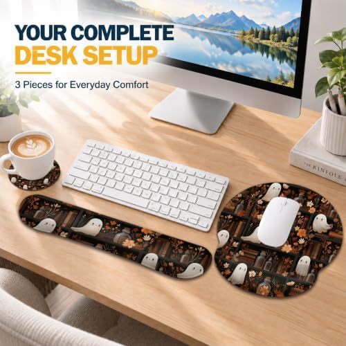Halloween Ghost Ergonomic Wrist Rest Mouse Pad Set with Keyboard Cushion