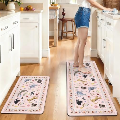 Ghost Black Cat Halloween Kitchen Rugs and Mats Set of 2, (17"x47"+17"x30") Gothic Cute Spooky Season Pumpkin Trick Or Treat Non Skid Washable Runner Rugs for Home Decor Decorations and Accessories