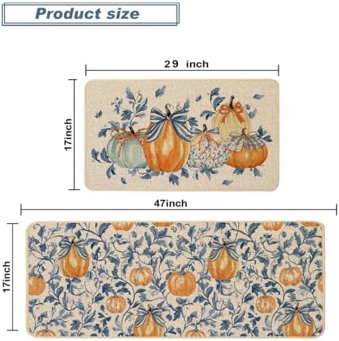 Baccessor Fall Kitchen Rugs Set of 2, Pumpkin Blue Leaf Kitchen Mats for Floor Washable Low-Profile Autumn Holiday Home Indoor Outdoor Decor 17x29 and 17x47 Inch