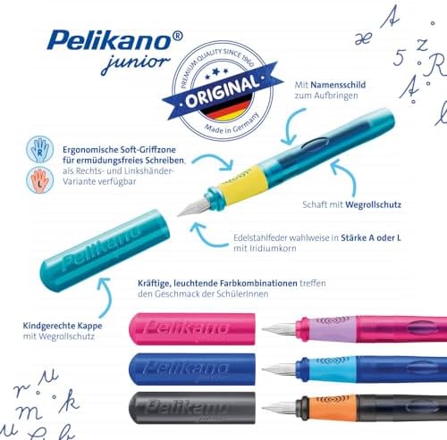 Pelikan Pelikano Junior School Fountain Pen for Right-Handed Users, with Beginner Nib A, 1 Piece - Random Colour, No Colour Request Possible