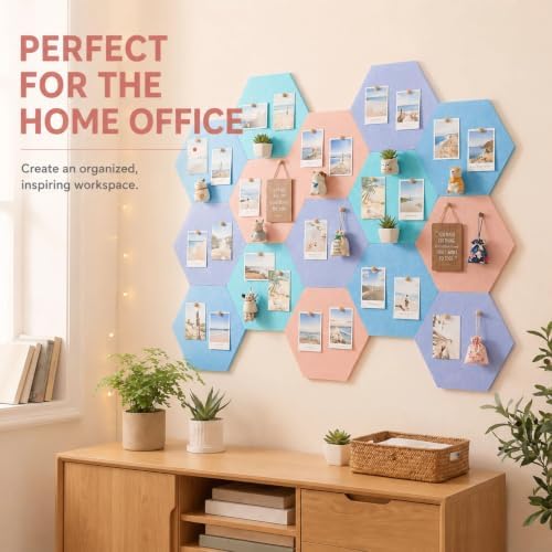 12x10 in 16 Pcs Hexagon Cork Board Tiles, Felt Pin Boards, Pastel
