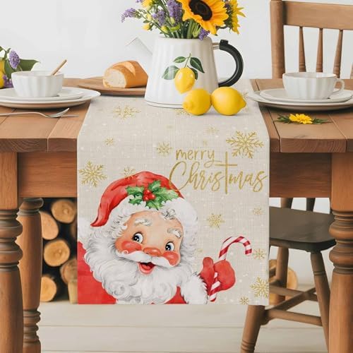 Merry Christmas Table Runner Dresser Scarf 13 x 108 Inch Red Santa Claus Leaf Winter Snowflake Linen Table Runners Non-Slip Heat Resistant Kitchen Dining Table Decor for Home Holidays Indoor Outdoor