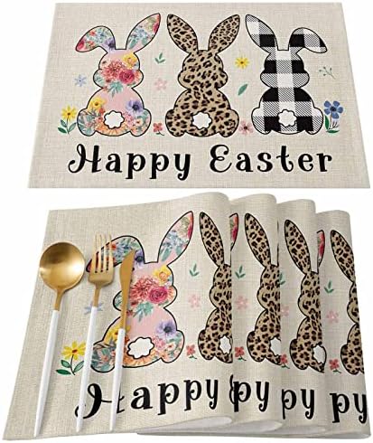 Artwork Store Happy Easter Placemats Set of 4,Cotton Linen Heat Resistant Table Mats Washable Cute Easter Bunny Florals Flowers Rabbit Placemat for Holiday Banquet Party Dining Kitchen Table Decor