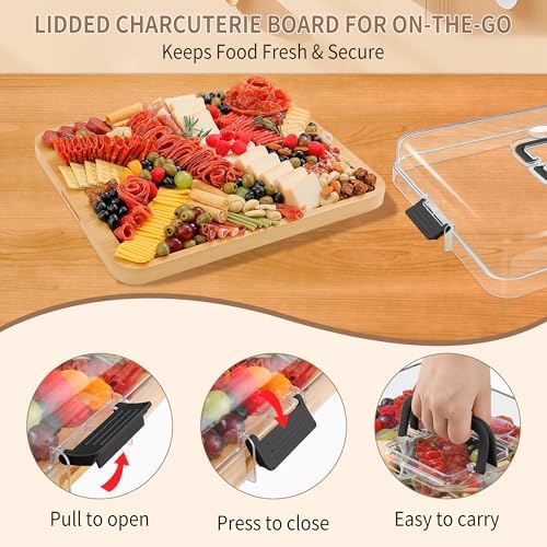 CAWIU Large Charcuterie Board with Lid, Portable Cheese Board & Snack Tray