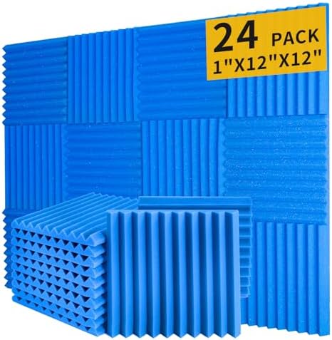 Blue Acoustic Panels 24 Pack 1 x 12x 12 Inches Sound Proof Foam for Wall Soundproof Noise Cancelling Wedge Studio Foam Panels Sound Absorbing High Density