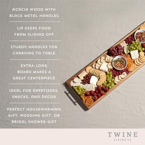 Twine Modern Manor Longboard Cheese Platter with Handles, Rectangular Cheese Board and Home Decor Tray, Dining Table Accessories Acacia Wood Set of 1