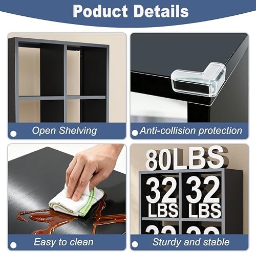 6 Cube Organizers and Storage, Open Shelf Storage, Includes 4 Corner Bumpers, Space-Saving Vertical Storage for Living Room, Home Office, 41.7" H x 27.6" W x 11.8" D, Black