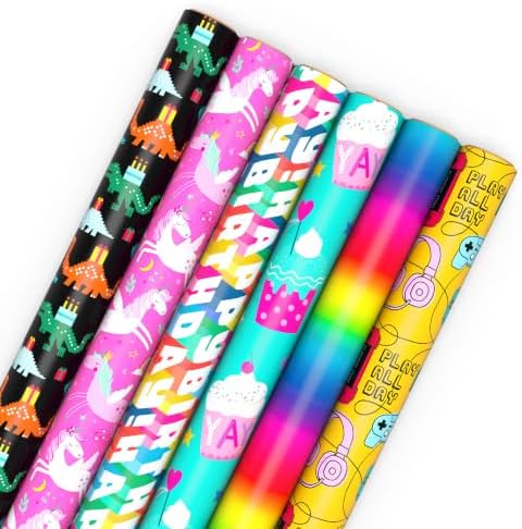 Hallmark Kids Wrapping Paper, 6 Rolls (Dinosaurs, Unicorns, Rainbows)