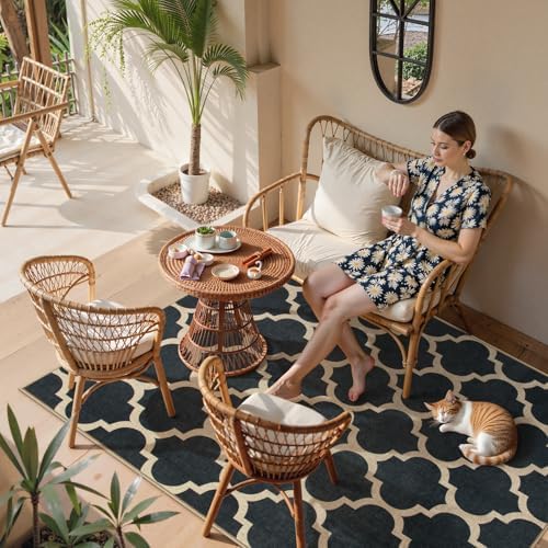 Lahome Moroccan Outdoor Rug 5x7, Easy Jute Black Washable Rugs for Patio Living Room, Geometric Trellis Woven Area Rug Non Slip for Backyard, Thin Non Shedding Farmhouse Carpet for Bedroom