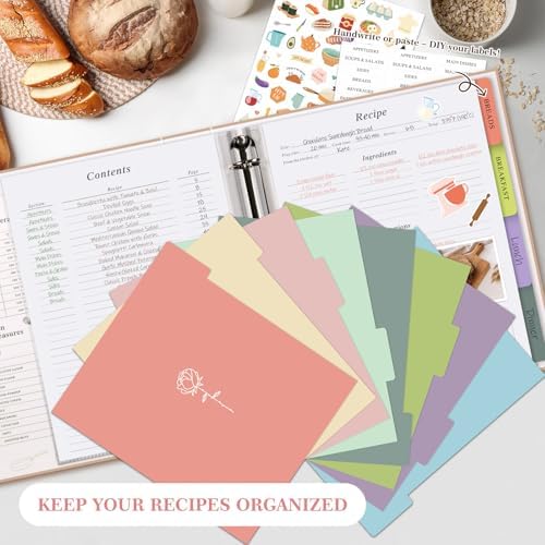 Lanpn Recipe Binder 8.5x11 3 Ring Kit, Waterproof Recipe Book Organizer Binder to Write in Your Own Recipes, Blank Cookbook with 60 Plastic Sleeves,116 Recipes, Dividers, Labels & Stickers, Green