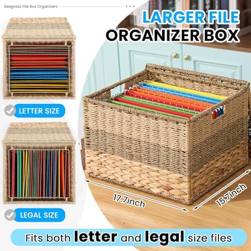Cinnvoice Extra Large Decorative File Box 18 x 16 x 13 in Wicker Seagrass File Basket Organizer for Letter Legal Size Hand Woven Hanging Filing Cabinet with Lid for Office Water Hyacinth, Tricolor