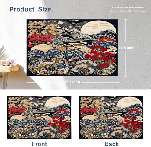 Batmerry Flowers Waves Linen Placemats Set of 4, Beautiful Nature Scene with Moon Washable Table Mats for Kitchen Table Thickened Heat Insulation Dining Set Indoor Outdoor 12X18 in