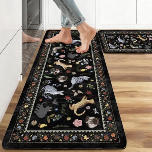 Ghost Black Cat Halloween Kitchen Rugs and Mats Set of 2, (17"x47"+17"x30") Gothic Cute Spooky Season Pumpkin Trick Or Treat Non Skid Washable Runner Rugs for Home Decor Decorations and Accessories