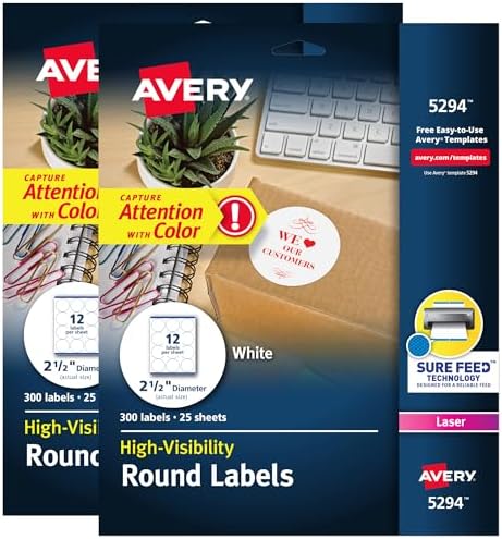 Avery® High Visibility Printable Round Labels, Sure Feed® Technology, 2.5" Diameter, White, Laser Printer, 300 per Pack, 2 Packs, 600 Customizable Blank Labels Total (45294)