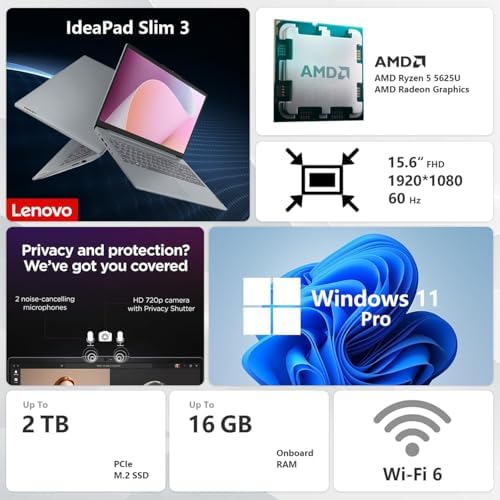 Lenovo IdeaPad Slim 3 Laptop, 15.6 Inch FHD Display, AMD Ryzen 5 5625U, 16GB RAM, 512GB SSD, Backlit KB, SD Card Reader, Webcam, HDMI, Wi-Fi 6, Windows 11 Pro, with Microsoft 365 for the Web