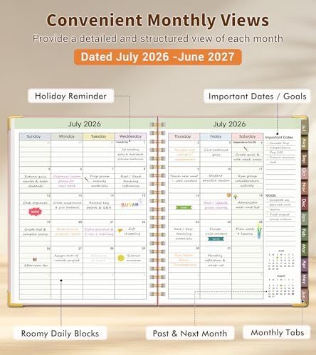 Teacher Planner 2026-2027, July 2026 - June 2027, Academic Weekly & Monthly Calendar Planner with Tabs, 8.5" x 11" A4 Teacher Lesson Plan Book with 7 Periods, Daily Agenda School Organizer for Teacher Student Homeschool, Pink