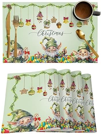 Merry Christmas Placemats Set of 4, Green Christmas Gnome Elf Heat Resistant Washable Table Place Mats Xmas Balls Cotton Table Linens Party Holiday Decor for Kitchen Dining Outdoor Indoor